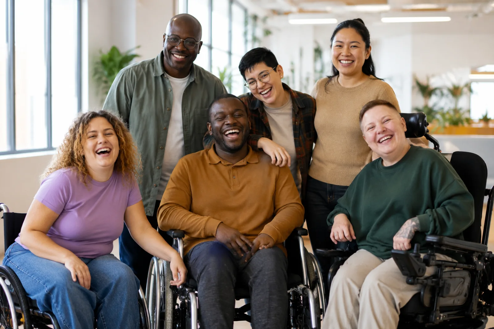 A group of six adults smiling together in a bright indoor space, including people in wheelchairs